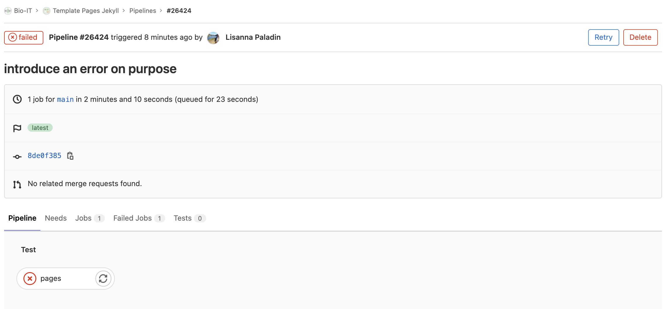 click on the failed button to access the pipeline log