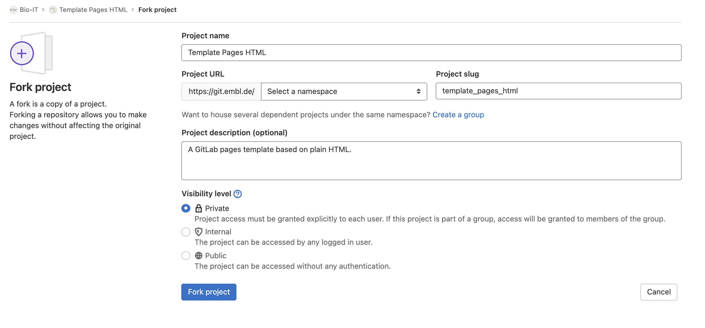 el menú del proyecto fork