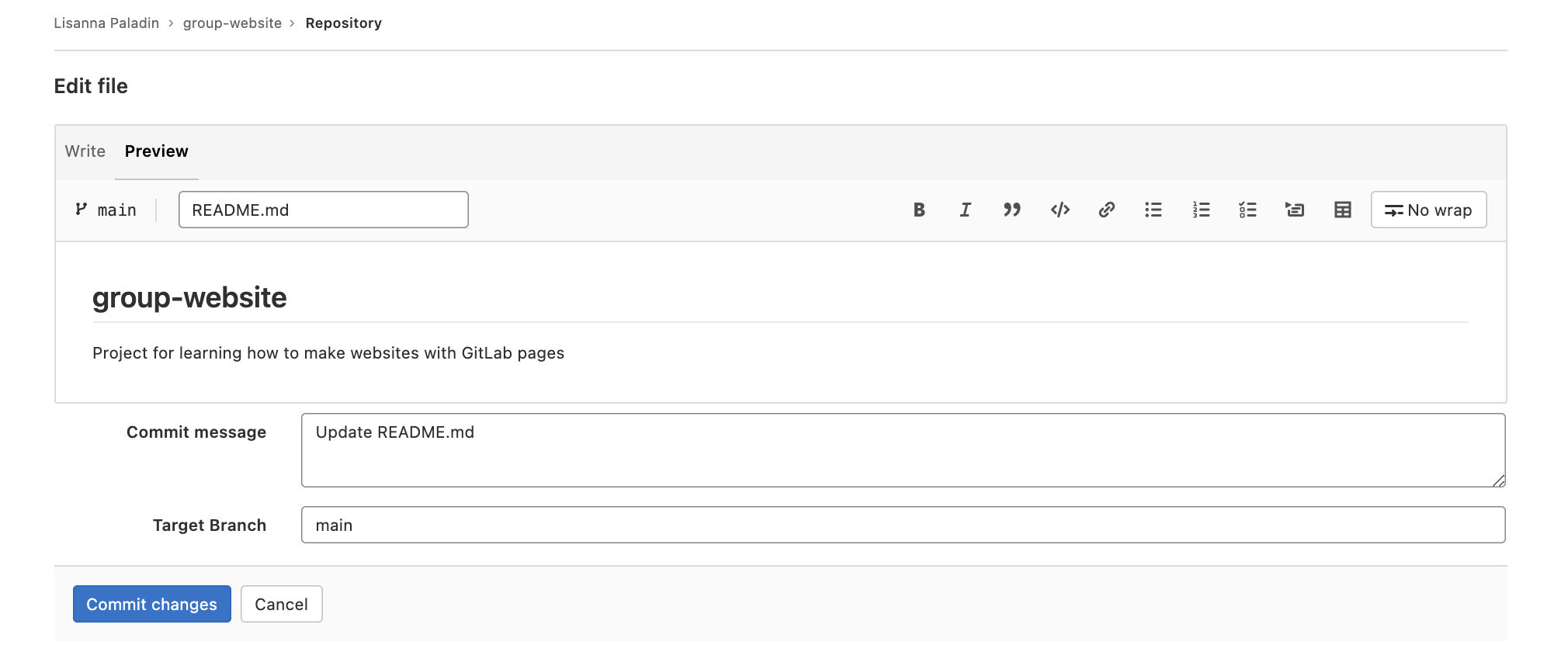 Anteprima del contenuto renderizzato del file README dei siti web del
gruppo