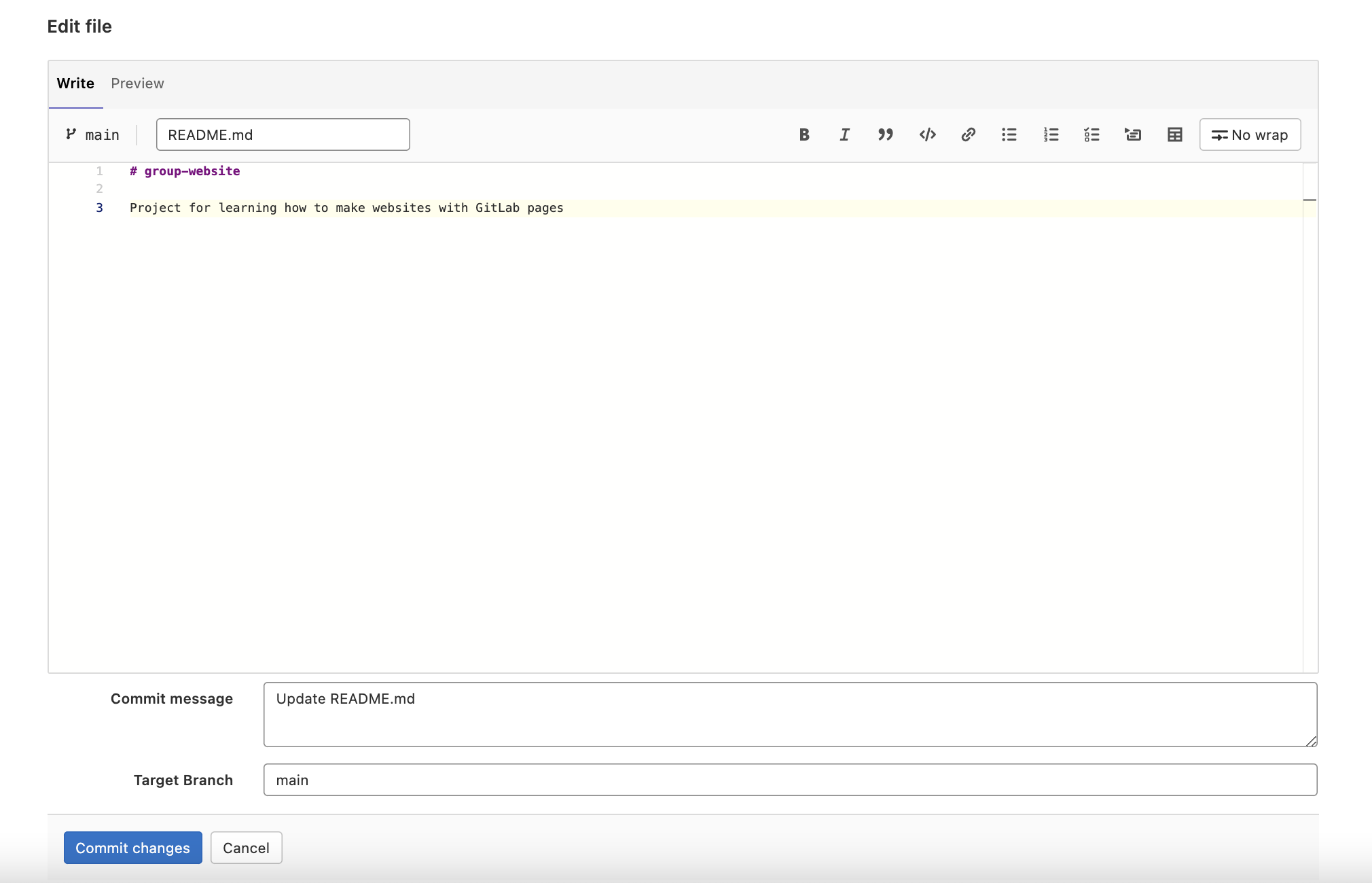 Interfaccia di modifica del file README dei siti web delgruppo
