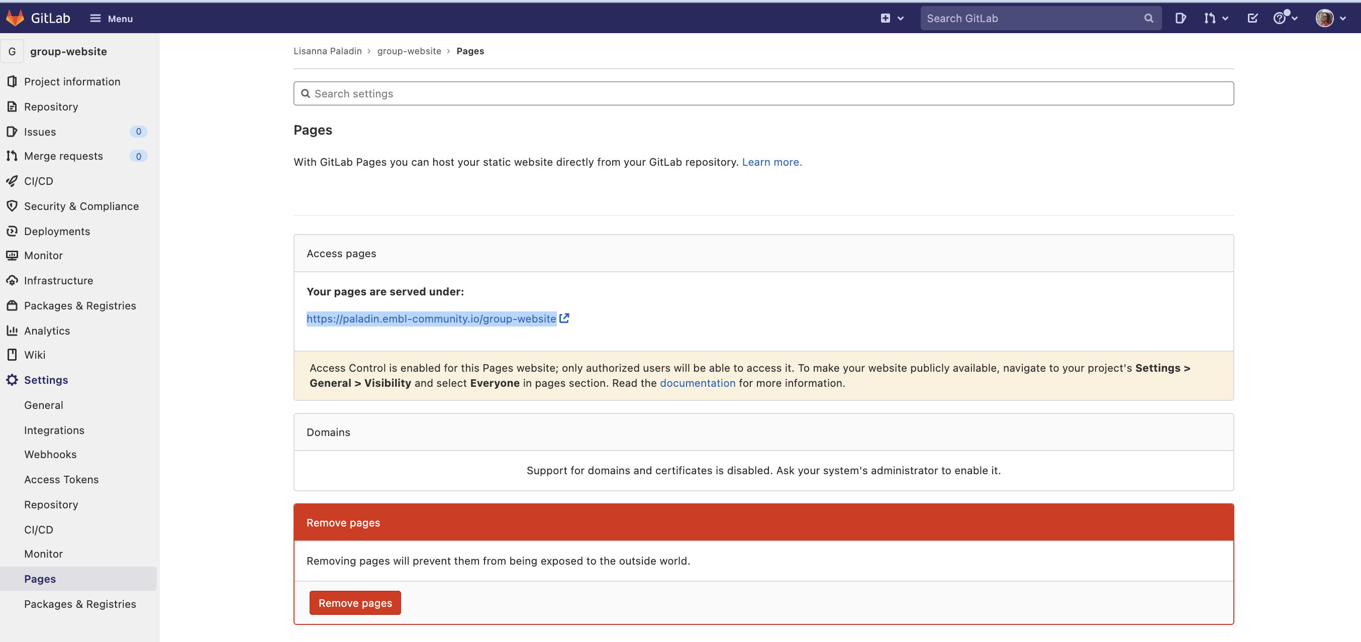 L'URL della pagina in Impostazioni>Pagine