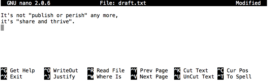 captura de pantalla del editor de texto nano en acción con el texto Ya no es publicar o perecer, es compartir y prosperar
